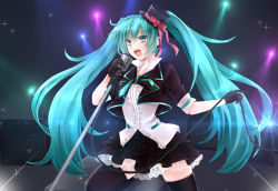 Rule 34 | 1girl, aqua eyes, aqua hair, bad id, bad pixiv id, frills, gloves, hat, hatsune miku, inuro neko (kuro-nyan), long hair, microphone, microphone stand, mini hat, mini top hat, music, open mouth, singing, skirt, solo, stage, thighhighs, top hat, twintails, very long hair, vocaloid