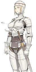 Rule 34 | 1girl, armor, blonde hair, boobplate, breastplate, closed mouth, expressionless, faulds, full armor, gauntlets, greaves, helmet, highres, armored boots, nisetanaka, original, pauldrons, short hair, shoulder armor, solo, standing