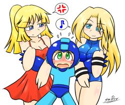 Rule 34 | 1boy, 2girls, aged up, android, anger vein, angry, artist name, bare arms, blonde hair, blue eyes, blue gloves, blush, breasts, brother and sister, cleavage, closed mouth, crossover, embarrassed, gloves, green eyes, helmet, holding another&#039;s arm, jealous, large breasts, long hair, mega man (character), mega man (classic), mega man (series), metroid, multiple girls, musical note, nintendo, roll (mega man), samus aran, siblings, signature, smile, speech bubble, spoken anger vein, sulfer, white background