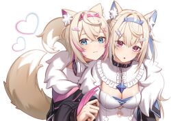 Rule 34 | 2girls, animal ear fluff, animal ears, belt collar, black collar, black jacket, blonde hair, blue eyes, blue hair, breasts, bush, closed mouth, collar, cropped jacket, dog ears, dog girl, dog tail, erezu, fur-trimmed jacket, fur trim, fuwamoco, fuwawa abyssgard, fuwawa abyssgard (1st costume), hair ornament, hairpin, headphones, headphones around neck, heart, hololive, hololive english, jacket, large breasts, long hair, medium hair, mococo abyssgard, mococo abyssgard (1st costume), multicolored hair, multiple girls, open mouth, pink eyes, pink hair, shirt, siblings, sisters, spiked collar, spikes, streaked hair, tail, twins, virtual youtuber, white background, white shirt, x hair ornament