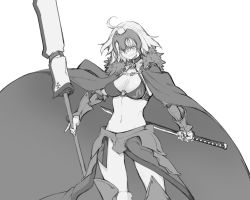 Rule 34 | 10mo, 1girl, ahoge, armor, bikini, bikini top only, breasts, cape, collarbone, fate/grand order, fate (series), flag, flagpole, fur collar, fur trim, gauntlets, greyscale, headpiece, highres, holding, holding flag, holding sword, holding weapon, jeanne d&#039;arc (fate), jeanne d&#039;arc alter (avenger) (fate), jeanne d&#039;arc alter (fate), katana, medium breasts, monochrome, revealing clothes, reverse grip, short hair, simple background, solo, swimsuit, sword, weapon, white background