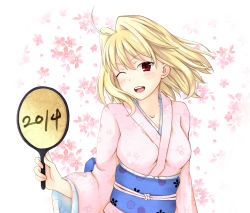 Rule 34 | 00s, 10s, 1girl, 2014, ;d, ahoge, alternate costume, arcueid brunestud, blonde hair, centon (736023681), cherry blossoms, hand fan, floral background, highres, japanese clothes, kimono, melty blood, obi, one eye closed, open mouth, paper fan, red eyes, sash, short hair, smile, solo, star (symbol), star print, tsukihime, type-moon, uchiwa, wink