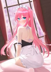 Rule 34 | 1girl, alternate costume, apron, arm garter, back, bed sheet, black dress, blue eyes, blush, bocchi the rock!, bra, closed mouth, commentary, curtains, dress, dutch angle, earrings, enmaided, from behind, gotoh hitori, hair intakes, hair ornament, halterneck, highres, indoors, jack554320, jewelry, light frown, long hair, looking at viewer, looking back, maid, maid headdress, on bed, one side up, pink hair, rain, sitting, solo, strapless, strapless dress, thighhighs, underwear, very long hair, waist apron, wariza, white apron, white bra, white thighhighs, window