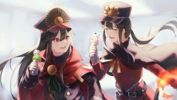 Rule 34 | 1boy, 1girl, belt, black hair, cloak, closed eyes, fate/grand order, fate (series), food, gloves, hat, highres, holding, holding food, ice cream, long hair, looking at another, military, military hat, military uniform, mipi, oda nobukatsu (fate), oda nobunaga (fate), oda nobunaga (koha-ace), open mouth, ponytail, red eyes, uniform, upper body, white gloves