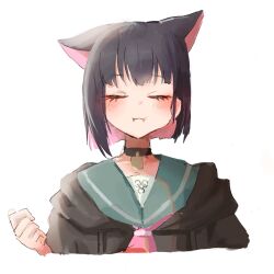 Rule 34 | 1girl, :i, animal ears, black hair, black hoodie, blue archive, blush, cat ears, chewing, closed eyes, collar, colored inner hair, cropped torso, hand up, highres, hood, hoodie, kazusa (blue archive), multicolored hair, necktie, nonoa, pink necktie, sailor collar, short hair, simple background, upper body, white background