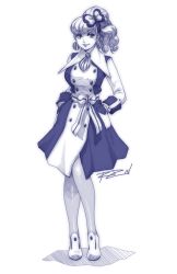 Rule 34 | 1girl, alternate hairstyle, ascot, bad id, bad tumblr id, bliss barson, bow, breasts, buttons, cryamore, curly hair, dress, earrings, eyeshadow, full body, hair bow, hands in pockets, highres, jewelry, large breasts, long hair, makeup, mole, monochrome, pantyhose, ponytail, robaato, sash, smile, solo, standing