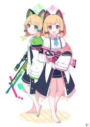 2girls :d animal_ears back-to-back bare_legs barefoot battle_rifle black_shorts black_skirt blonde_hair blue_archive blue_bow blue_necktie blunt_bangs blush bow cat_ears checkered_floor closed_mouth coat collared_shirt commentary eyelashes fake_animal_ears feet full_body green_eyes green_halo gun h&amp;k_g3 h&amp;k_psg1 hair_bow halo heel_up highres holding holding_gun holding_weapon legs long_sleeves looking_at_viewer medium_hair midori_(blue_archive) miniskirt momoi_(blue_archive) multicolored_clothes multiple_girls necktie open_clothes open_coat open_mouth pink_eyes pink_halo pleated_skirt red_bow rifle school_uniform shirt shorts siblings signature simple_background sisters skirt smile sniper_rifle soles standing teeth toenails toes upper_teeth_only weapon white_background wide_sleeves yashi_(hayashiki0404)