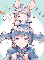 Rule 34 | 1girl, 1other, absurdres, animal, animal ears, animal on head, blue cape, blue dress, blue eyes, blue hair, blue wings, breasts, candy, cape, clenched hands, dress, final fantasy, final fantasy xiv, flower, food, gem, hair flower, hair ornament, hat, hat flower, head wings, heart, highres, jelly bean, light blush, lollipop, long bangs, loporrit, meteion, mokokoiro, on head, one eye closed, pudding, rabbit, rabbit ears, rabbit on head, simple background, small breasts, smile, turban, white headwear, wings, wrapped candy