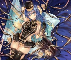 Rule 34 | 1girl, arm up, armpits, bed sheet, black gloves, black headwear, black thighhighs, blue eyes, blue hair, breasts, case, epaulettes, flag, flower, gloves, groin, hair ribbon, hand up, highres, katana, large breasts, long hair, looking at viewer, lying, no bra, no panties, on back, one side up, original, petals, revealing clothes, ribbon, rose, sanshoku amido, sheath, sheathed, sideboob, sideless outfit, skindentation, sleeveless, smile, solo, sword, thighhighs, weapon, wing collar
