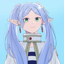 Rule 34 | 1girl, blue background, capelet, closed mouth, commentary request, earrings, elf, frieren, green eyes, highres, jewelry, kaiduka (kaiduka00901), long hair, looking at viewer, parted bangs, pointy ears, simple background, smile, solo, sousou no frieren, twintails, white capelet, white hair