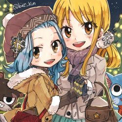 Rule 34 | 2girls, animal, blonde hair, blue hair, brown eyes, cat, fairy tail, female focus, happy (fairy tail), levy mcgarden, long hair, looking at viewer, lucy heartfilia, multiple girls, pantherlily, smile