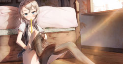 Rule 34 | 10s, 1girl, bad id, bad pixiv id, bae.c, bed, blue eyes, boyogo, brown hair, clothes pull, dressing, kantai collection, mouth hold, no pants, nowaki (kancolle), open clothes, pantyhose, pantyhose pull, pussy, ribbon, sitting, solo, uncensored, window