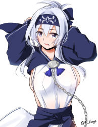 Rule 34 | 1girl, adjusting hair, ainu clothes, bandana, blue eyes, blue headband, breasts, cropped jacket, dress, folded ponytail, headband, highres, kamoi (kancolle), kantai collection, large breasts, lingerie (aki3240), long hair, looking at viewer, open mouth, sideboob, sidelocks, simple background, sleeveless, sleeveless dress, solo, upper body, white background, white dress, white hair, wrist guards