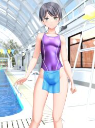 Rule 34 | 1girl, absurdres, breasts, clothes writing, commentary request, competition swimsuit, contrapposto, covered navel, cowboy shot, feet out of frame, green eyes, grey hair, highleg, highleg swimsuit, highres, indoors, looking at viewer, multicolored clothes, multicolored swimsuit, one-piece swimsuit, original, pelvic curtain, pool, poolside, purple one-piece swimsuit, short hair, small breasts, solo, standing, string of flags, swimsuit, takafumi, towel