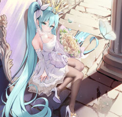 Rule 34 | 1girl, absurdres, aqua eyes, aqua hair, aqua nails, bouquet, bow, breasts, brown pantyhose, bug, butterfly, cleavage, commentary, crown, detached sleeves, dress, flower, hair bow, hatsune miku, high heels, highres, holding, holding bouquet, holding flower, insect, jewelry, large breasts, light blush, long hair, long sleeves, looking at viewer, mirror, nail polish, pantyhose, pumps, ring, shoes, sitting, solo, stairs, stiletto heels, symbol-only commentary, twintails, very long hair, vocaloid, white bow, white dress, white footwear, yokozuwari, yuye