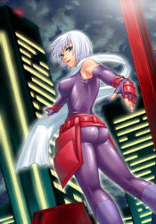 Rule 34 | 1girl, :o, ass, back, bare shoulders, belt, belt pouch, blue footwear, bodysuit, boots, breasts, buckle, building, city, cloud, cloudy sky, dutch angle, elbow gloves, fingerless gloves, foreshortening, from side, gloves, green eyes, halterneck, knee boots, kneepits, large breasts, legs apart, lights, looking at viewer, looking back, misao (kami no misoshiru), night, night sky, ninja, open mouth, outdoors, outline, outstretched arms, pouch, purple bodysuit, purple gloves, rumble fish 2, scarf, sheryl (rumble fish), shiny clothes, short hair, skin tight, sky, skyscraper, solo, spread arms, standing, the rumble fish, unitard, white hair, white scarf