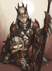 Rule 34 | 1girl, animal hands, armor, boots, breastplate, cat, crown, facepaint, felyne, gauntlets, grey hair, hair tubes, hand on another&#039;s back, helmet, hilld, holding, holding sword, holding weapon, leaning on person, leg up, light smile, looking at viewer, monster hunter (series), orange eyes, pauldrons, rathalos (armor), red eyes, shoulder armor, sitting, spikes, sword, weapon