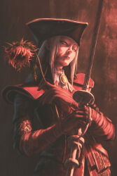 Rule 34 | 1girl, absurdres, bloodborne, brown background, flower, highres, holding, holding flower, holding sword, holding weapon, lady maria of the astral clocktower, long hair, looking at viewer, portrait, rakugo, solo, sunflower, sword, valky uniguri, weapon, white hair