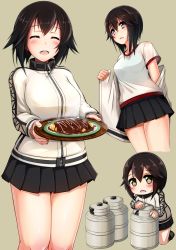 Rule 34 | + +, 10s, 1girl, ^ ^, black hair, black skirt, blush, breasts, brown hair, closed eyes, curry, food, fuuki (nicoseiga), fuuki (te fuukin), grey eyes, gym shirt, hayasui (kancolle), highres, jacket, kantai collection, loafers, long sleeves, medium breasts, miniskirt, omelet, omurice, open mouth, pleated skirt, shirt, shoes, short hair, skirt, smile, solo, track jacket, turtleneck, zipper