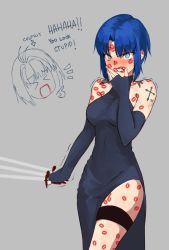 Rule 34 | &gt; &lt;, 2girls, arcueid brunestud, axia-chan, bare shoulders, between fingers, black gloves, black keys (type-moon), blue eyes, blue hair, blush, breasts, ciel (tsukihime), clenched teeth, cross, cross tattoo, curvy, elbow gloves, embarrassed, english text, gloves, grey background, hand to own mouth, highres, holding, holding knife, knife, knives between fingers, lipstick mark, lipstick mark on arm, lipstick mark on leg, lipstick mark on neck, lipstick mark on shoulder, medium breasts, multiple girls, open mouth, partially fingerless gloves, pointing, revision, tattoo, teeth, thigh strap, thighs, trembling, tsukihime, yuri