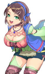 Rule 34 | 1girl, blue vest, breasts, brown hair, choker, cleavage, cross-laced clothes, green eyes, hair ornament, hairclip, highres, large breasts, looking at viewer, nina deforges, open mouth, short hair, short shorts, shorts, simple background, smile, solo, star ocean, star ocean the divine force, tohri, vest, white background