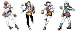 Rule 34 | 00s, 10s, 1990s (style), 4girls, antenna hair, armpits, ass, bare shoulders, baseball cap, beanie, bike shorts, black hair, blue eyes, breasts, brown eyes, brown hair, creatures (company), cropped jacket, double bun, from behind, full body, game freak, genzoman, hair bun, hand on own hip, hat, highres, hilda (pokemon), holding, holding poke ball, jacket, jewelry, kris (pokemon), leaf (pokemon), long hair, looking at viewer, looking back, loose socks, low twintails, monochrome, multiple girls, nintendo, open clothes, open jacket, open mouth, outstretched hand, pantyhose, pendant, poke ball, poke ball (basic), pokegear, pokemon, pokemon bw, pokemon bw2, pokemon frlg, pokemon gsc, ponytail, retro artstyle, rosa (pokemon), running, shoes, short shorts, shorts, simple background, sketch, skirt, small breasts, smile, sneakers, socks, sweatband, twintails, vest, visor cap, white background, wristband