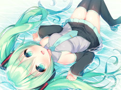 Rule 34 | 1girl, :d, bare shoulders, black footwear, black skirt, black sleeves, black thighhighs, boots, breasts, collared shirt, commentary request, detached sleeves, green eyes, green hair, green necktie, grey shirt, hair between eyes, hair ornament, hands up, hatsune miku, headphones, long hair, long sleeves, looking at viewer, lying, necktie, on back, open mouth, pleated skirt, shallow water, shirt, sidelocks, skirt, sleeveless, sleeveless shirt, sleeves past wrists, small breasts, smile, solo, thigh boots, thighhighs, twintails, usashiro mani, very long hair, vocaloid, water