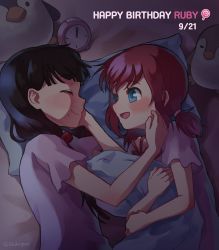 Rule 34 | 2girls, :d, ^ ^, alarm clock, aqua eyes, black hair, blush, character name, clock, closed eyes, dated, dodapan, hair over shoulder, hand on another&#039;s cheek, hand on another&#039;s face, happy birthday, head rest, highres, kurosawa dia, kurosawa ruby, long hair, looking at another, love live!, love live! sunshine!!, low-tied long hair, lying, mole, mole under mouth, multiple girls, night, hugging object, on side, open mouth, pajamas, pillow, pillow hug, shared pillow, short sleeves, siblings, sisters, smile, stuffed animal, stuffed penguin, stuffed toy, twintails, twitter username
