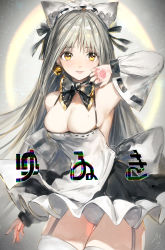 1girl absurdres animal_ears apron arm_up bare_shoulders bell black_bow black_bowtie black_skirt blush bow bowtie breasts cleavage copyright_request cowboy_shot detached_sleeves garter_straps glint gluteal_fold gold_trim grey_hair grey_panties grey_thighhighs highres hoojiro jingle_bell legs_together lips long_hair looking_at_viewer maid maid_headdress medium_breasts mole mole_on_breast panties pantyshot paw_print revision ribbon-trimmed_sleeves ribbon_trim skirt smile solo thighhighs thighs tongue tongue_out translation_request underwear upskirt very_long_hair white_panties yellow_eyes