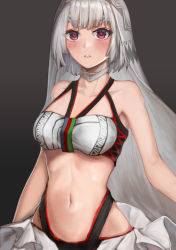 Rule 34 | 1girl, absurdres, altera (fate), bandeau, beiwang, black background, blush, breasts, choker, commentary, fate/grand order, fate (series), highres, long hair, looking at viewer, medium breasts, midriff, navel, parted lips, red eyes, silver hair, simple background, solo, stomach, upper body, very long hair, white choker