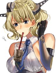 Rule 34 | 1girl, bare shoulders, between breasts, black gloves, blonde hair, blue eyes, blue necktie, blush, braid, breasts, bubble tea, bubble tea challenge, colorado (kancolle), cup, dress, drinking, drinking straw, elbow gloves, french braid, gloves, grey headwear, headgear, highres, inusaka, kantai collection, large breasts, medium breasts, necktie, necktie between breasts, no bra, object on breast, short hair, short necktie, sideboob, simple background, sleeveless, sleeveless dress, solo, squiggle, sweatdrop, upper body, white background, white dress