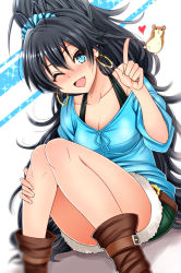 Rule 34 | 1girl, ankle boots, aqua eyes, bad id, bad pixiv id, belt, black hair, blush, boots, breasts, brown footwear, cleavage, collarbone, colored pencil (medium), earrings, fang, female focus, ganaha hibiki, hamster, idolmaster, idolmaster (classic), inu (marukome), jewelry, knees together feet apart, large breasts, long hair, one eye closed, open mouth, ponytail, shirt, shorts, sitting, smile, solo, traditional media, very long hair, wink