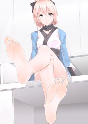 Rule 34 | 1girl, barefoot, blush, crossed legs, fate/grand order, fate (series), feet, female focus, foot focus, from below, highres, ju yorimoto, looking at viewer, okita souji (fate), parted lips, pov, sitting, soles, solo, toes