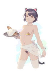 Rule 34 | animal ears, apron, areola piercing, bigrbear, bread, breasts, cat ears, cat tail, cropped legs, earrings, extra ears, female pubic hair, food, gluteal fold, highres, jewelry, naked apron, name tag, navel, nipple piercing, nipple rings, nipple tag, nipples, original, piercing, pubic hair, purple hair, pussy, red eyes, short hair, simple background, small breasts, smile, solo, tail, thighhighs, tray, uncensored, waist apron, white thighhighs, wrist cuffs