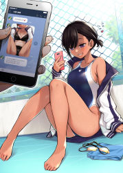 Rule 34 | 1boy, 1girl, asymmetrical bangs, bare legs, bare shoulders, barefoot, black hair, blue one-piece swimsuit, blush, breasts, cellphone, cellphone photo, chain-link fence, collarbone, commentary request, competition swimsuit, dark-skinned female, dark skin, day, dojirou, dutch angle, fence, fingernails, goggles, grin, highres, holding, holding phone, jacket, knees up, large breasts, long sleeves, looking at viewer, mole, off shoulder, one-piece swimsuit, one-piece tan, open clothes, open jacket, original, out of frame, outdoors, phone, photo comparison, ponytail, purple eyes, purple jacket, short hair, short ponytail, sitting, sleeves past wrists, smartphone, smile, solo focus, sweatdrop, swimsuit, tan, tanline, track jacket, translated, tree, two-sided fabric, two-sided jacket, two-tone swimsuit, unworn goggles, unzipped, white jacket, white one-piece swimsuit, zipper