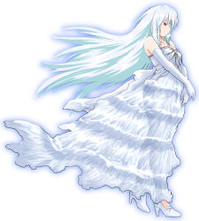 Rule 34 | 1girl, bare shoulders, blue outline, breasts, colored eyelashes, copyright request, dress, elbow gloves, floating hair, full body, gloves, grey hair, hair between eyes, high heels, looking away, m.m, outline, own hands together, profile, red eyes, shoes, simple background, small breasts, solo, strapless, strapless dress, white background, white dress, white footwear, white gloves