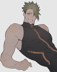 Rule 34 | abs, achilles (fate), asymmetrical hair, bare shoulders, fate/grand order, fate (series), green hair, hair over one eye, haruakira, highres, looking at viewer, lying, male focus, muscular, muscular male, official alternate costume, on back, short hair, sidecut, simple background, sleeveless, smile, solo, undercut, upper body, white background