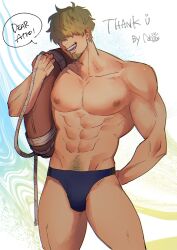 1boy abs bara blue_male_swimwear commentary commission cowboy_shot facial_hair fire_emblem fire_emblem:_the_blazing_blade goatee green_hair hair_over_eyes highres holding holding_swim_ring innertube large_pectorals lifebuoy lowen_(fire_emblem) male_focus male_swimwear muscular muscular_male nachos_(chos_na) navel navel_hair nintendo nipples pectorals solo swim_briefs swim_ring thighs topless_male