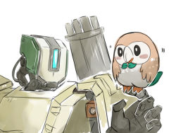 Rule 34 | 10s, bastion (overwatch), bird, commentary, creatures (company), crossover, game freak, gatling gun, gen 7 pokemon, gun, hand up, looking at another, minigun, nintendo, ocaritna, overwatch, overwatch 1, owl, pokemon, pokemon (creature), pokemon sm, robot, rowlet, signature, simple background, upper body, weapon, white background