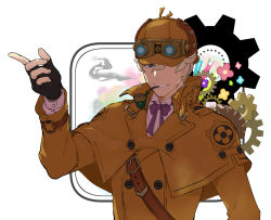 Rule 34 | 1boy, ace attorney, black gloves, blonde hair, blue eyes, brown capelet, brown hat, brown jacket, capelet, fingerless gloves, gears, gloves, goggles, goggles on headwear, hand up, hat, herlock sholmes, jacket, long sleeves, looking at viewer, male focus, mikami, mouth hold, neck ribbon, pipe in mouth, purple ribbon, ribbon, short hair, simple background, smile, smoking, smoking pipe, solo, the great ace attorney, the great ace attorney: adventures, upper body, vial, white background