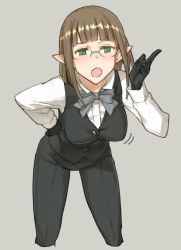 Rule 34 | 10s, 1girl, :o, black gloves, breasts, brown hair, commentary request, cowboy shot, cropped legs, dungeon ni deai wo motomeru no wa machigatteiru darou ka, eina tulle, elf, formal, glasses, gloves, green eyes, grey background, jpeg artifacts, large breasts, leaning forward, pant suit, pants, pointing, pointy ears, shoe-ji, short hair, simple background, solo, suit, vest