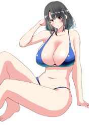 Rule 34 | 10s, 1girl, arm up, bare legs, bare shoulders, bikini, black hair, blue bikini, blush, breasts, cleavage, huge breasts, kantai collection, navel, no headwear, perepere-kun, red eyes, simple background, sitting, solo, swimsuit, takao (kancolle), white background