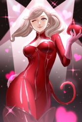 Rule 34 | 1girl, blonde hair, blue eyes, bodysuit, breasts, cleavage, cleavage cutout, clothing cutout, highres, latex, latex bodysuit, latex suit, one eye closed, persona, persona 5, smile, solo, takamaki anne, twintails