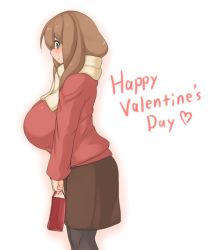 Rule 34 | 1girl, bad id, bad pixiv id, bag, black pantyhose, blush, breasts, brown hair, eyebrows, from side, green eyes, happy valentine, heart, huge breasts, kaz (shade), long hair, original, pantyhose, profile, scarf, simple background, skirt, smile, solo, standing, thick eyebrows, valentine, white background