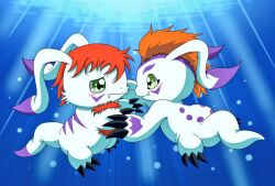 Rule 34 | claws, digimon, digimon (creature), fangs, gomamon, gomamon x-antibody, green eyes, looking at another, tail, underwater