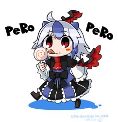 Rule 34 | 1girl, ahoge, blue hair, blush stickers, byourou, candy, chibi, food, head wings, horns, licking, lollipop, multicolored hair, red eyes, short hair, silver hair, simple background, solo, tokiko (touhou), touhou, two-tone hair, white background, wings