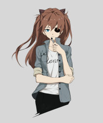 Rule 34 | 1girl, absurdres, bad id, bad pixiv id, blue eyes, brown hair, buttons, casual, closed mouth, clothes writing, collarbone, cowboy shot, cropped legs, evangelion: 3.0 you can (not) redo, eyepatch, grey background, grey jacket, hair between eyes, hair ornament, hand up, high collar, highres, holding, holding pencil, jacket, light smile, long hair, looking at viewer, lu ying, mechanical pencil, neon genesis evangelion, one eye covered, open clothes, open jacket, pencil, pocket, rebuild of evangelion, red hair, shirt, simple background, sleeves rolled up, smile, solo, souryuu asuka langley, standing, unbuttoned, white shirt