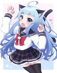 Rule 34 | 1girl, :d, ahoge, animal ear fluff, animal ears, arm up, black sailor collar, black thighhighs, blue hair, bow, cat ears, cat girl, cat tail, commentary request, fang, grey skirt, hand up, heart, highres, long sleeves, looking at viewer, open mouth, original, plaid, plaid skirt, puffy long sleeves, puffy sleeves, purple eyes, red bow, rensei, sailor collar, school uniform, serafuku, shirt, skirt, smile, solo, tail, thighhighs, white shirt