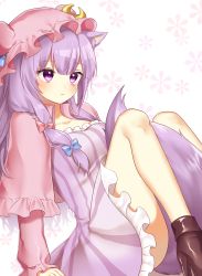 Rule 34 | 1girl, absurdres, animal ear fluff, animal ears, ankle boots, arm support, ass, bad id, bad pixiv id, blue ribbon, blush, boots, breasts, brown footwear, collarbone, commentary request, dress, feet out of frame, frills, hair between eyes, hat, hat ribbon, high heel boots, high heels, highres, kemonomimi mode, knees up, long hair, long sleeves, medium breasts, mob cap, patchouli knowledge, petticoat, pink hat, purple dress, purple eyes, purple hair, ribbon, shinonome asu, simple background, sitting, solo, striped clothes, striped dress, tail, thighs, touhou, vertical-striped clothes, vertical-striped dress, white background, wolf ears, wolf tail