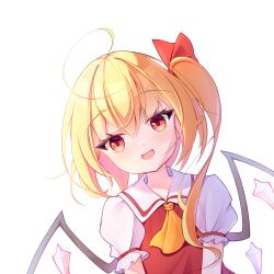 Rule 34 | 1girl, ahoge, ascot, crystal wings, flandre scarlet, highres, kk snake, open mouth, puffy short sleeves, puffy sleeves, red eyes, red ribbon, ribbon, sailor collar, short sleeves, side ponytail, simple background, solo, touhou, upper body, white background, yellow ascot
